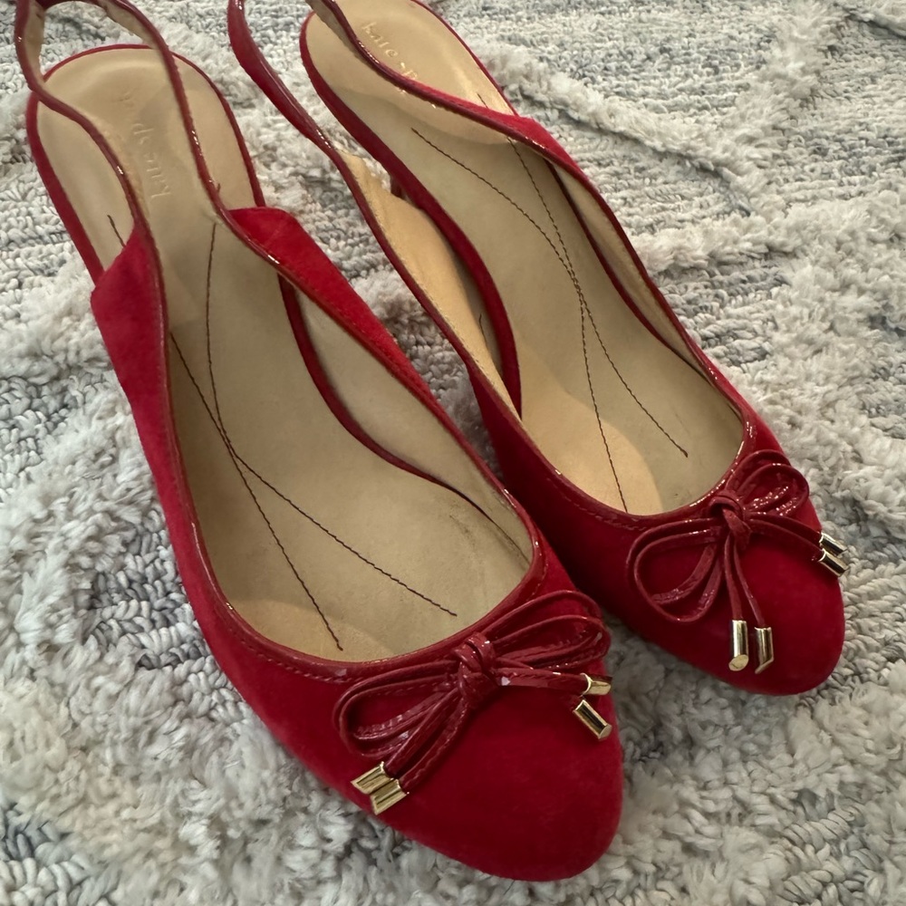 kate spade Red Suede Slingback Heels with Bow Detail